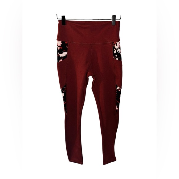 BSP | High-Waist Maroon Pocket Leggings with Floral Panels | Size Small - Picture 12 of 14